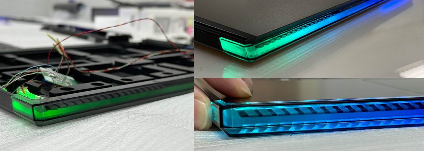Model-shop lighting mock-up — fibre through the centre bar, lit in green and blue