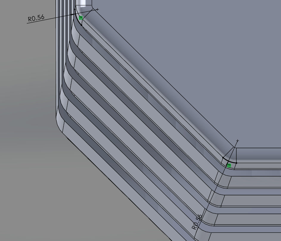 3D view of the C-side corner with the vector grooves wrapping around it