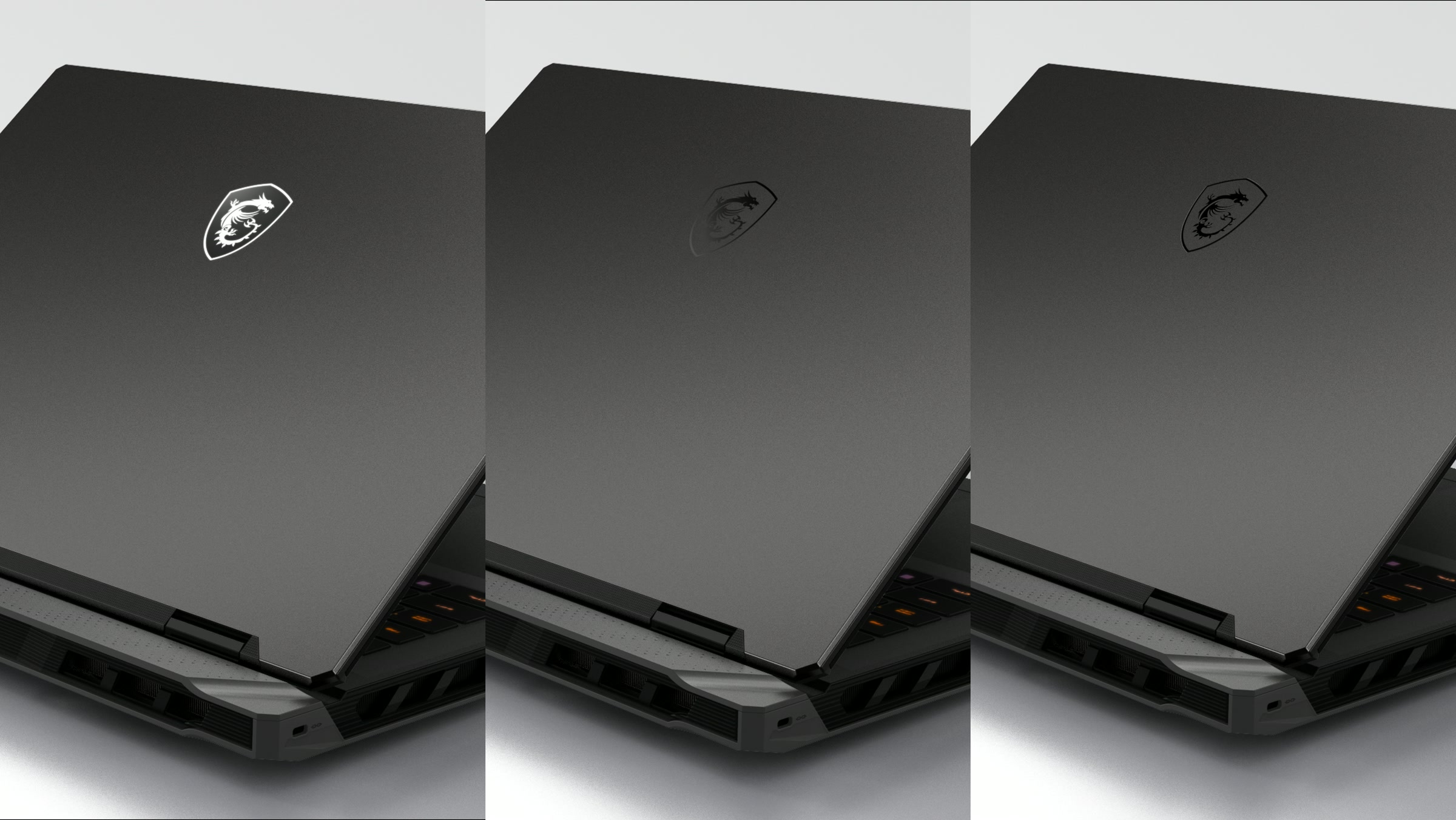 Three logo finishes on the lid: white-lit, laser-etched and aluminium nameplate